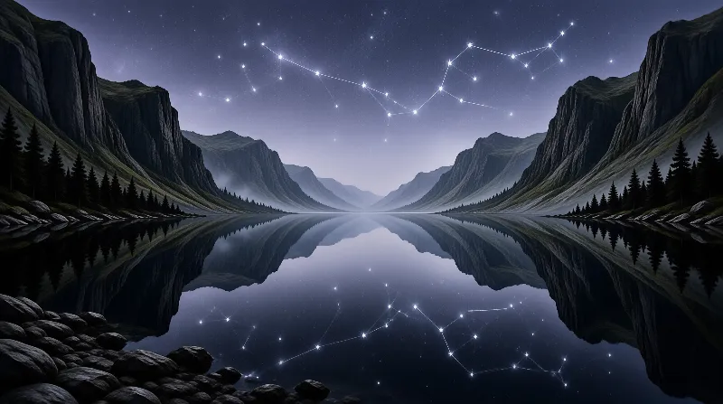 Star patterns shine over a still mountain lake with dark trees and rocky shores in a cool blue night.