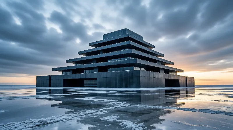 A monumental tiered structure rests upon a vast reflective salt crust beneath a cloudy sky glowing with warm light.