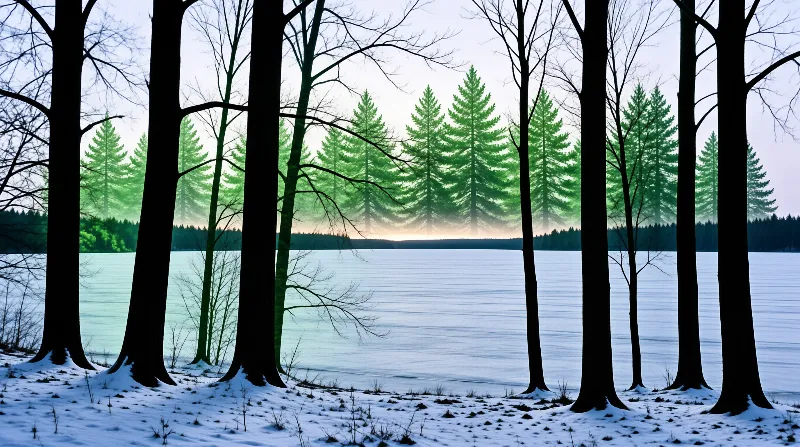 Dark trunks stand on snowy banks framing bright green conifers across a calm blue lake under a pale winter sky.