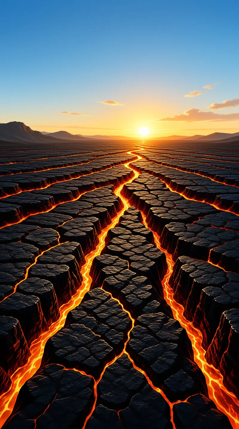 Molten orange light seeps through cracked slabs of black rock as the sun sets over distant ridges