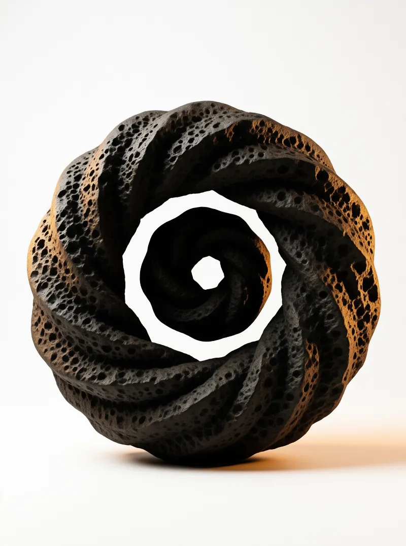 A dark porous spiral object sits on a white surface illuminated by warm golden light on its ridges.