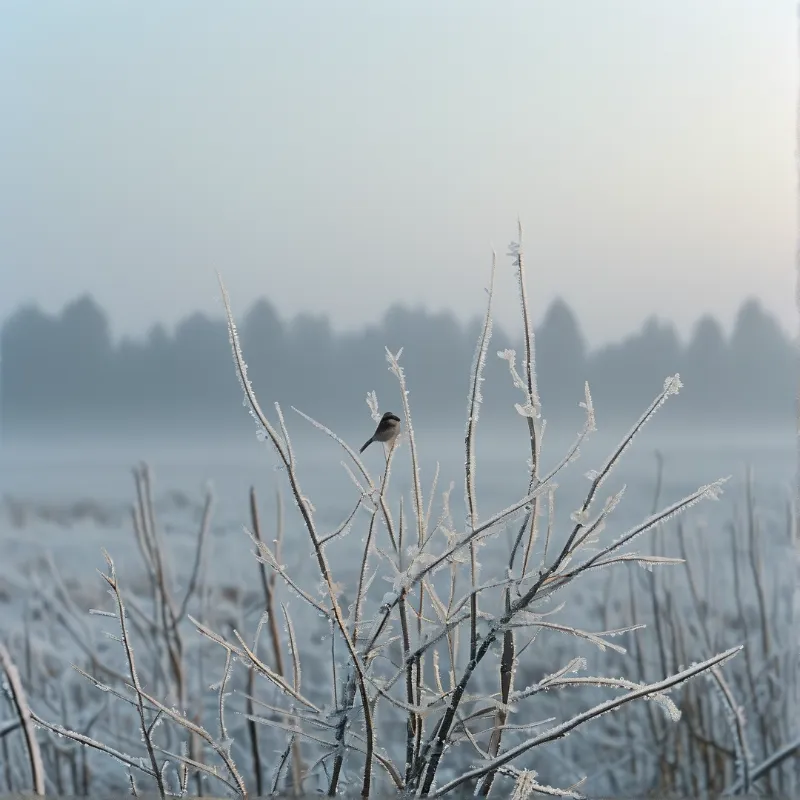 A small grey bird perches among ice covered branches in a misty winter field with a blurry treeline behind