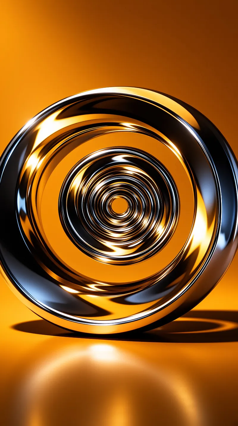 A reflective metallic disc with concentric rings rests on an orange surface, catching bright specular highlights.