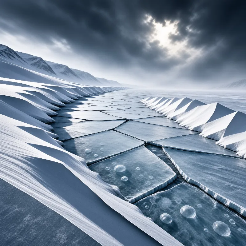 A vast frozen expanse displays hexagonal ice tiles bordered by snow ridges beneath a dramatic overcast sky.