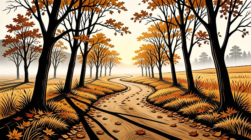 A curving dirt road winds through golden fields lined with dark trees, their leaves glowing amber under a low sun.