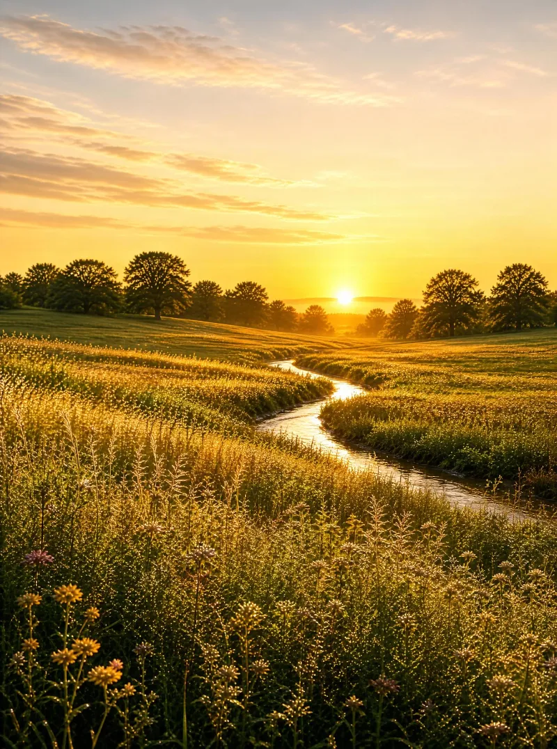 Golden hour meadow stream