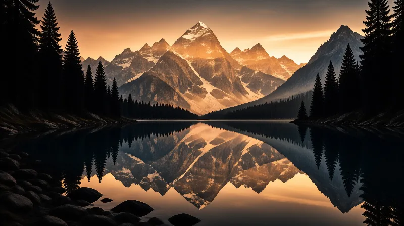 Dark forest trees frame a still lake that mirrors snow capped mountains glowing in warm sunlight.