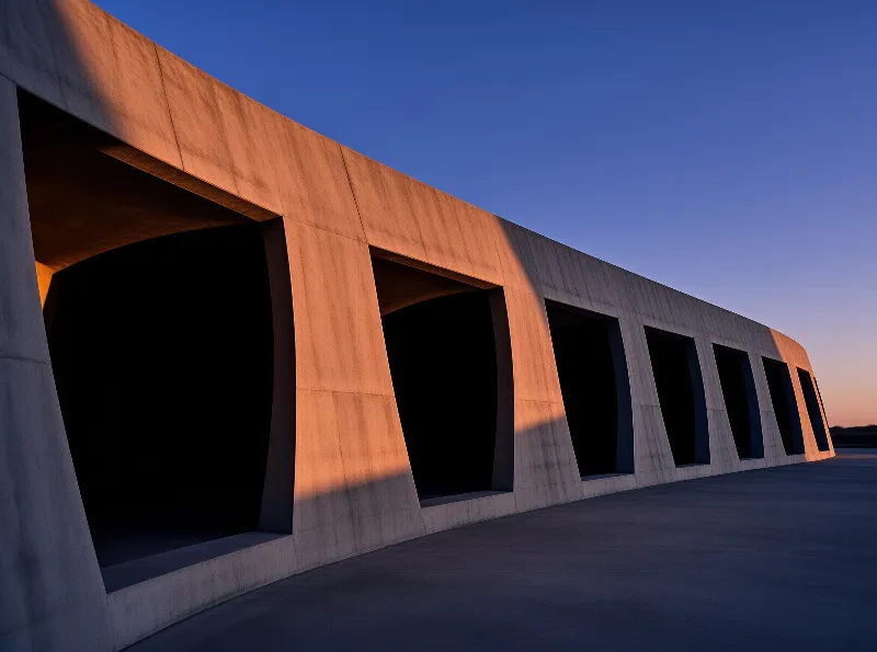 Sunlight highlights the top edge of a concrete wall with deep shadowed openings under a clear blue sky.