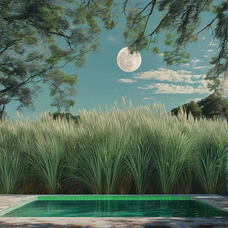 A swimming pool sits before tall grasses while a large full moon hangs in a teal sky framed by tree branches.