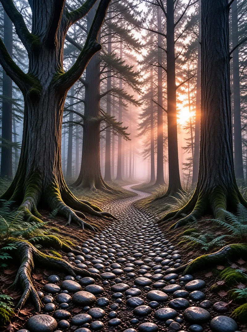 Sunlit Misty Forest Path