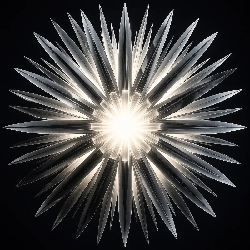 Translucent spiked starburst radiates bright light from its glowing center against a deep black backdrop, arranged in radial symmetry.