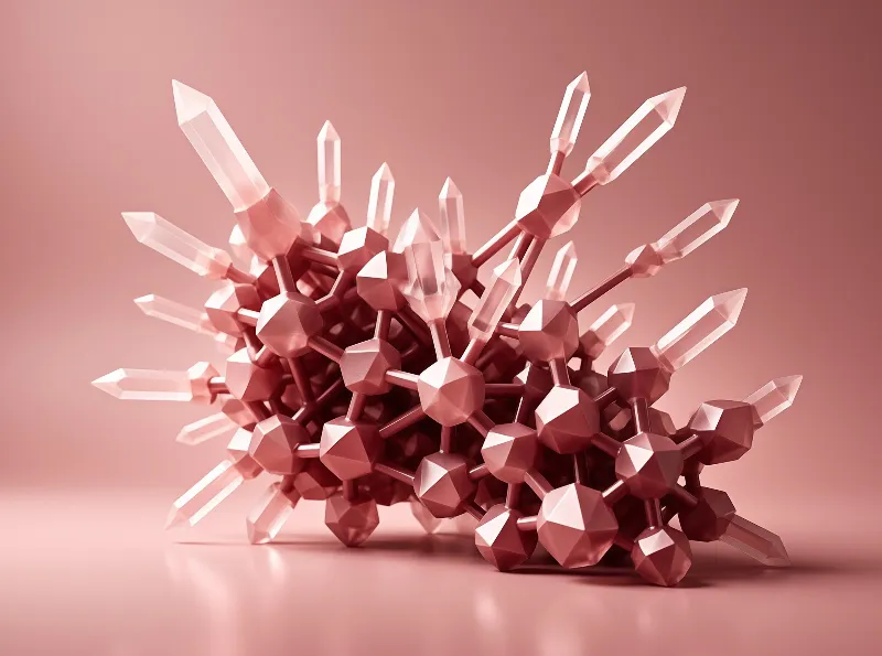 A pink geometric object with sharp spikes rests on a smooth gradient plane under soft lighting.
