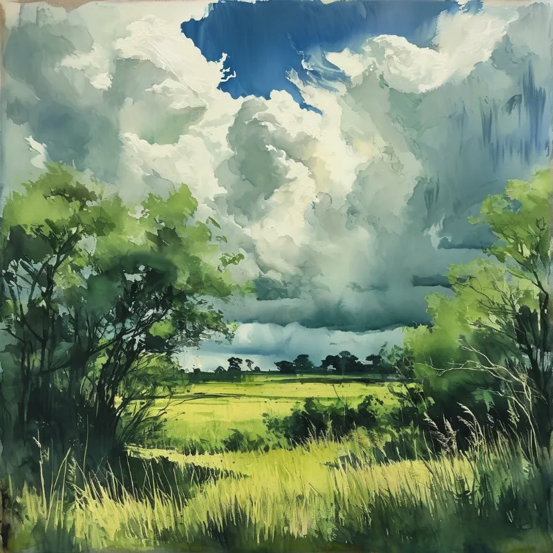 Impressionistic painting of dark storm clouds looming over sunlit green farmland bordered by verdant trees at either edge.