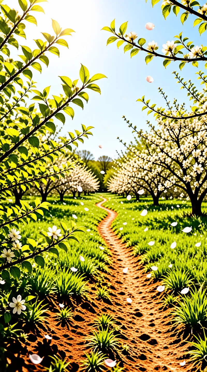 A winding brown dirt path leads through a lush green orchard filled with white flowering trees. Bright sunlight illuminates the scene from above while loose petals float down through the air, framing the view with fresh green leaves in the foreground.