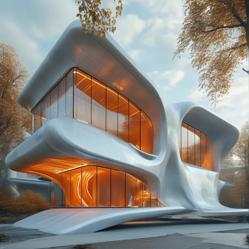 A flowing white sculptural house sits among autumn trees, large glass walls glowing warm orange from the interior.