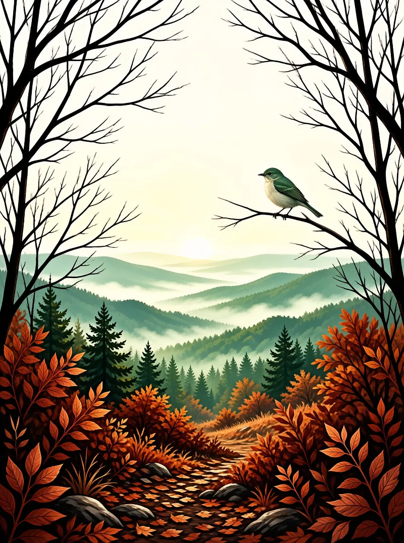 A green bird perches on a bare branch overlooking a misty valley with orange foliage and pine trees.