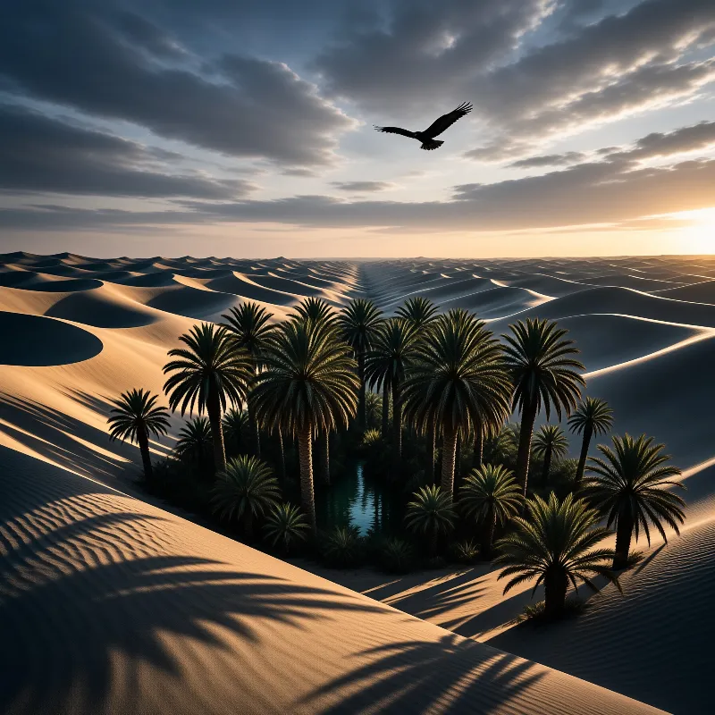 A lush palm tree oasis with a clear pool sits amidst vast sunlit desert sand dunes under a dramatic cloudy sky with an eagle flying above.