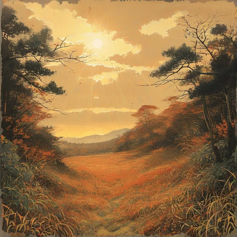 A sepia toned autumn valley framed by pine and oak trees, the sun glowing through golden clouds above distant misty hills.