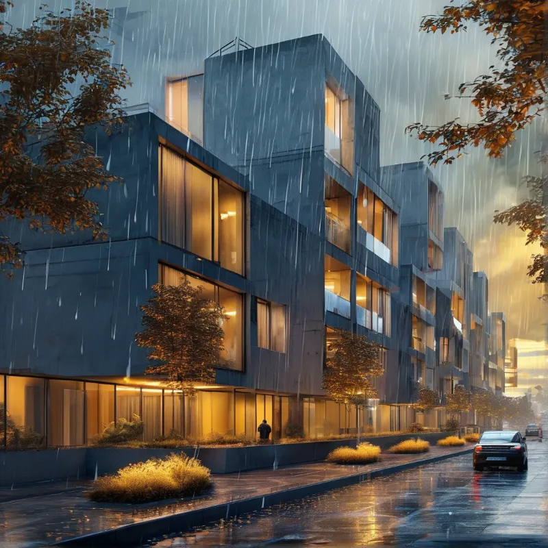 A modern structure features large illuminated windows contrasting with heavy rain and wet pavement reflecting light.