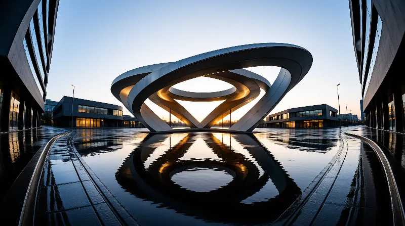 A large metallic curved sculpture stands in a reflecting pool, its golden inner curves glowing against a blue sky.