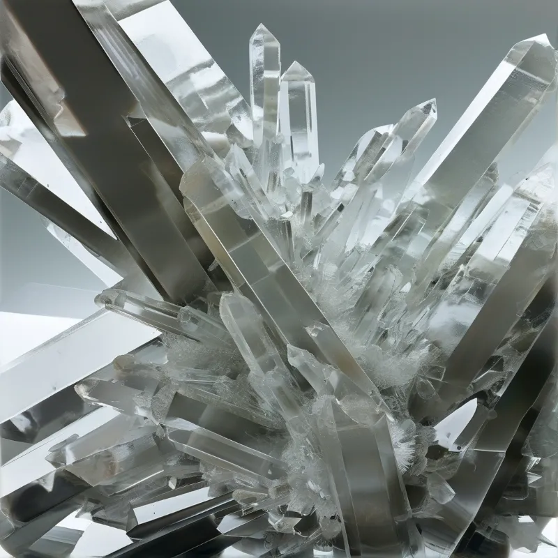 A dense cluster of transparent prismatic crystals radiating outward with reflective facets against a neutral gray backdrop.