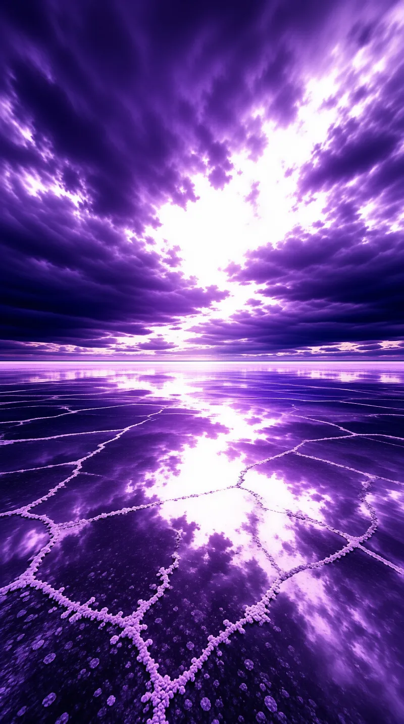 A vast cracked salt flat mirrors the vivid purple clouds and bright light source breaking through the horizon.