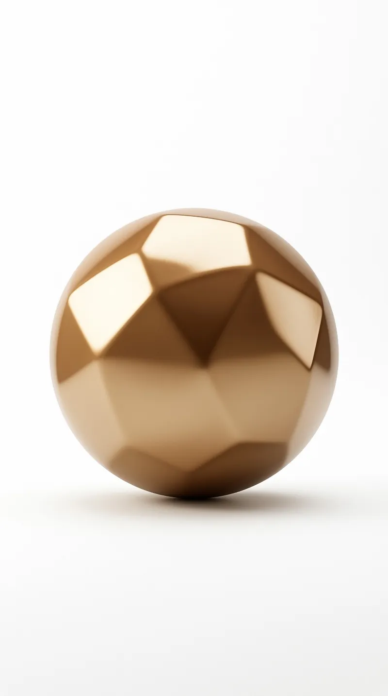 A polished metallic ball with angular geometric cuts sits centered against a seamless light backdrop.