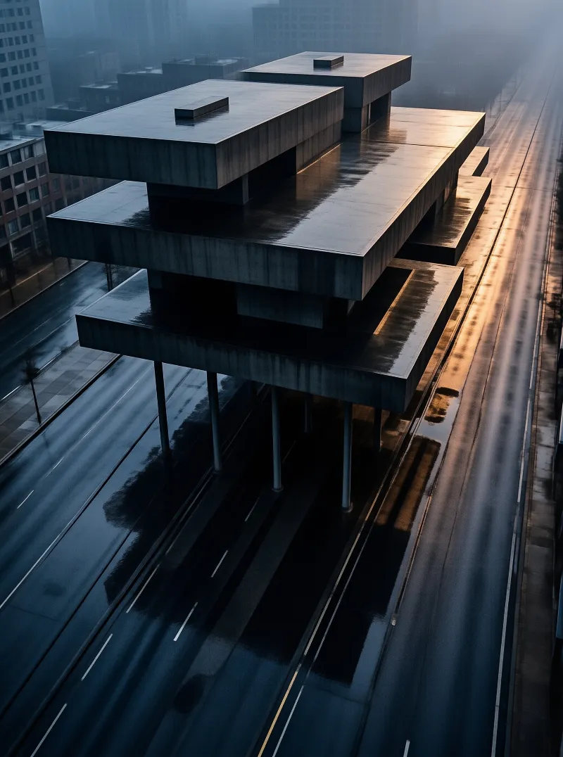 Tiered brutalist concrete levels rise above a wet urban road, with soft golden sunrise light reflecting off its smooth dark tiers.