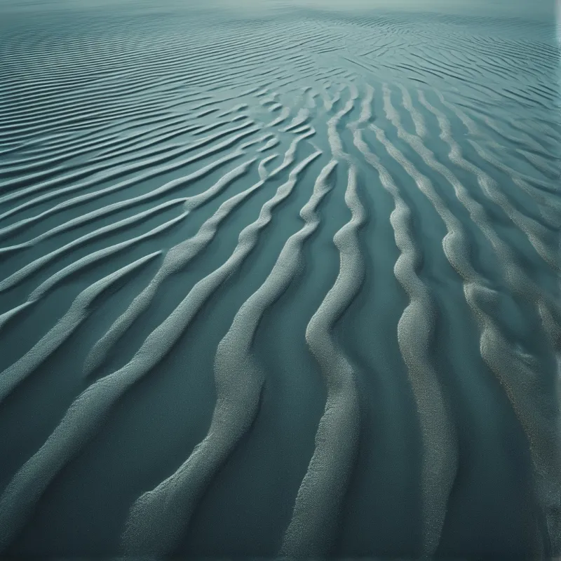 Vast blue toned sand displays intricate wave like patterns created by wind across the surface