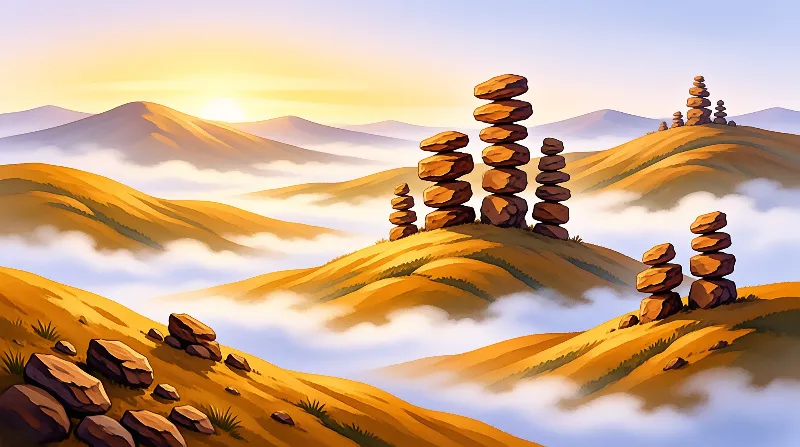 Balanced stone stacks stand atop sunlit golden hills as clouds drift through the valleys below the rising sun.