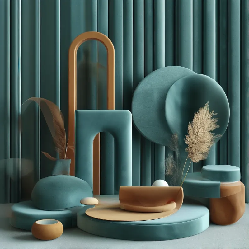 Teal geometric forms and tan containers arranged with dried pampas grass stems against a pleated curtain backdrop.