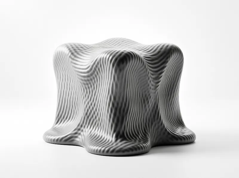 A grayscale 3D render displays a twisted cube-shaped object with flowing wavy patterns on a plain white background.