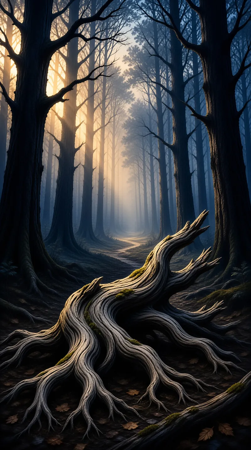 A detailed view of a twisted root system lying on the forest floor in the foreground while tall dark trees line a path bathed in warm golden light filtering through the misty distance creating a strong contrast between cool blue shadows and bright illumination.