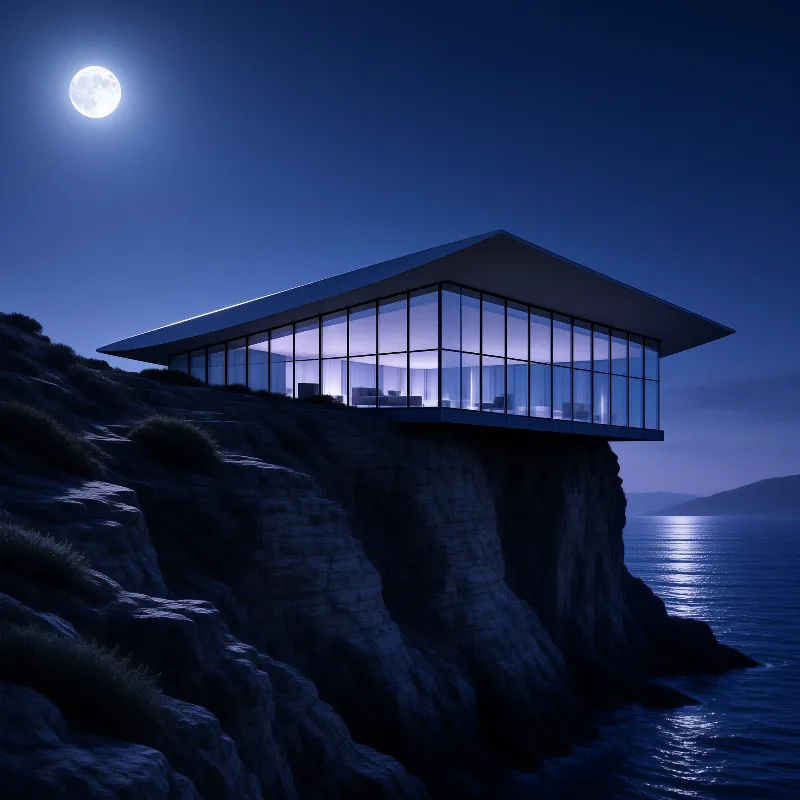 A modern glass structure perches on a rocky cliff edge during the blue hour while a full moon illuminates the dark sea.