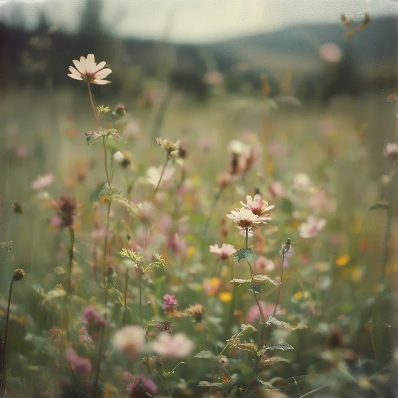 Pale cosmos flowers stand tall in a green meadow under diffused natural light with a dreamy blurred background.