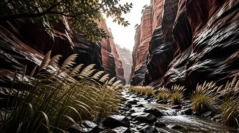 A narrow rocky canyon with a shallow stream flowing through tall golden grasses under soft natural lighting