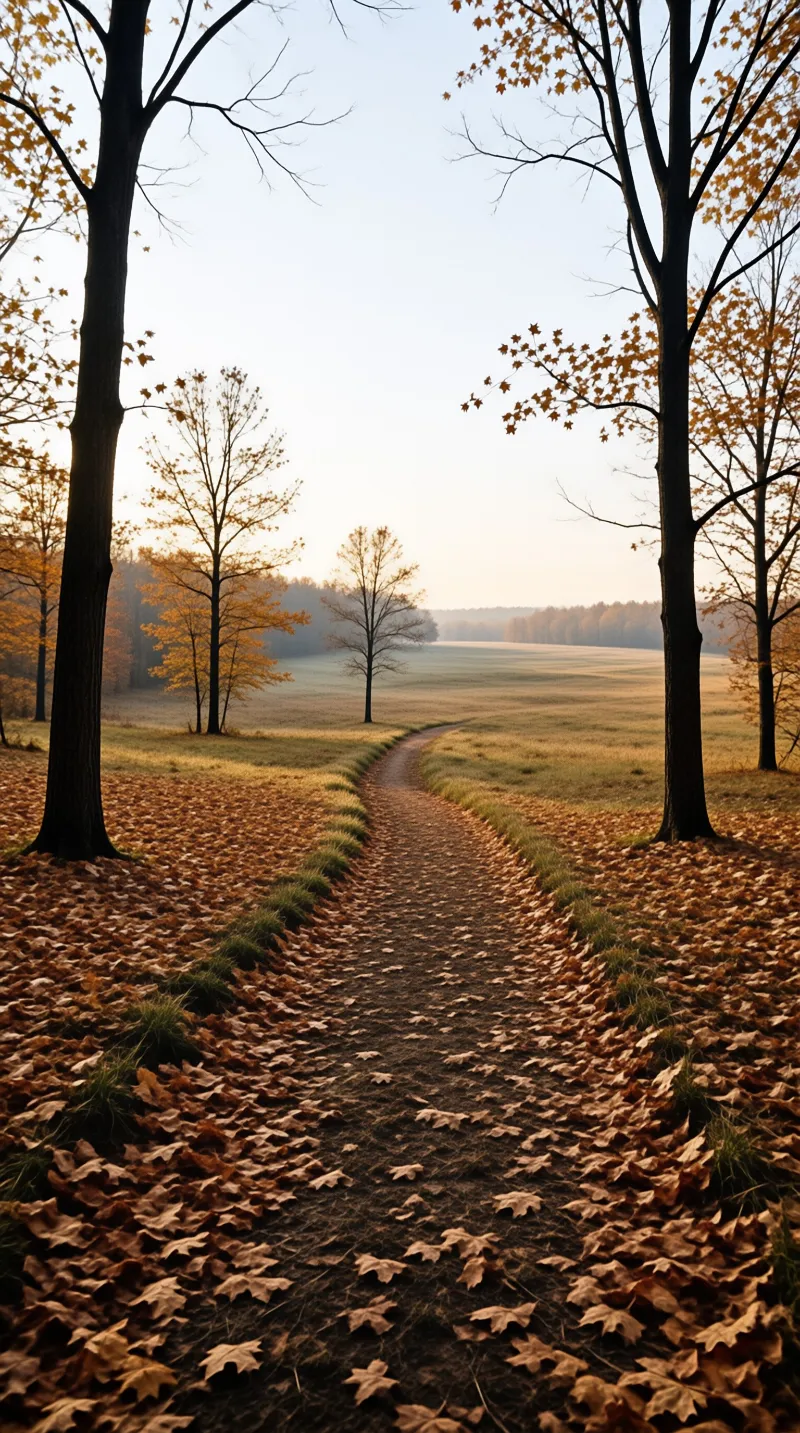A dirt trail curves through a field covered in fallen leaves with trees lining the sides under soft light.