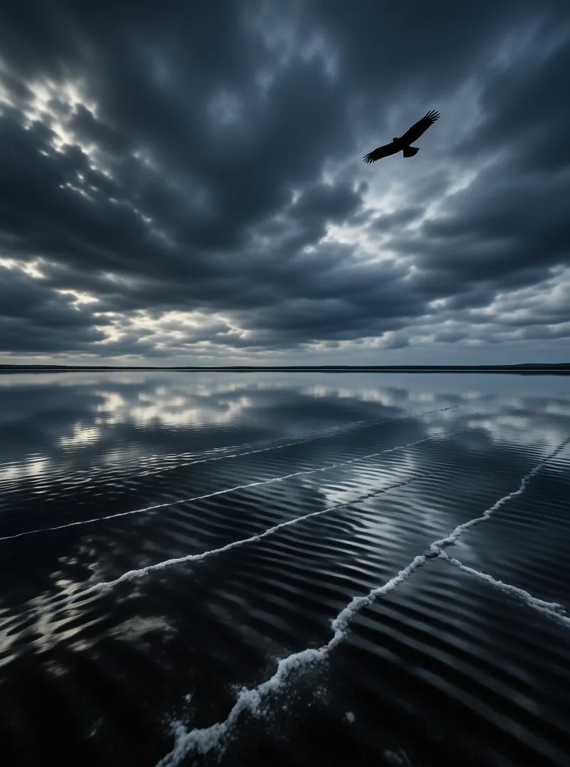 A dark raptor flies over a vast wet salt flat reflecting the dramatic cloudy sky in the distance.