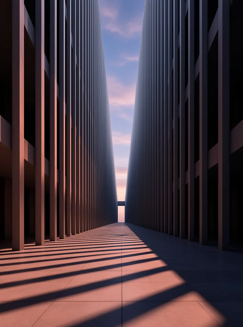 A narrow passage between tall dark columns leads toward a bright doorway casting long shadows across a tiled floor.