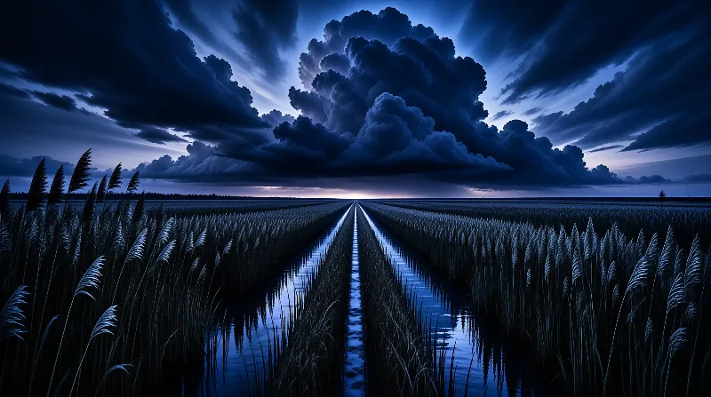 Towering reeds line flooded paths beneath a vast sky dominated by heavy dark blue cumulus clouds.