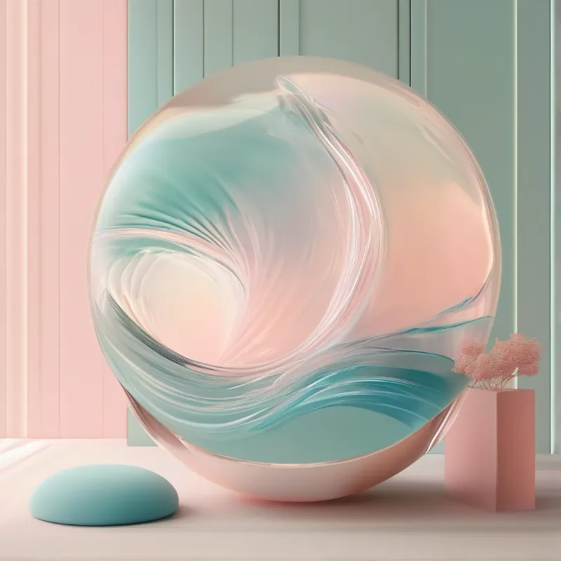 A large translucent sphere filled with pastel swirls sits on a white floor next to a small cushion and vase against striped walls.