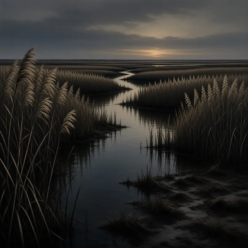 Tall brown reeds line a winding stream in a vast wetland as a faint orange glow breaks through the dark evening clouds.