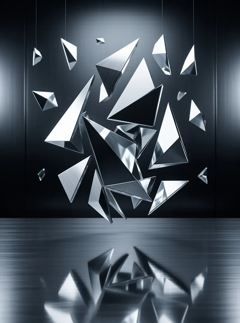 Sharp geometric pieces of polished metal float in a dark room, casting bright reflections on the smooth floor below.