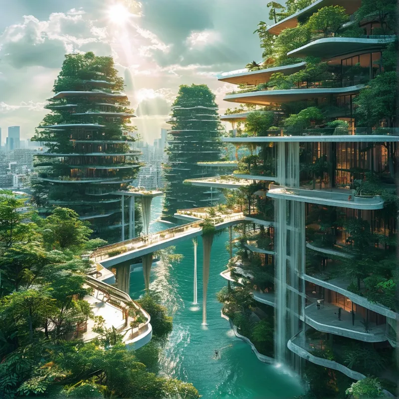 Futuristic skyscrapers covered in lush vegetation feature tiered balconies with waterfalls flowing into a sunlit river.