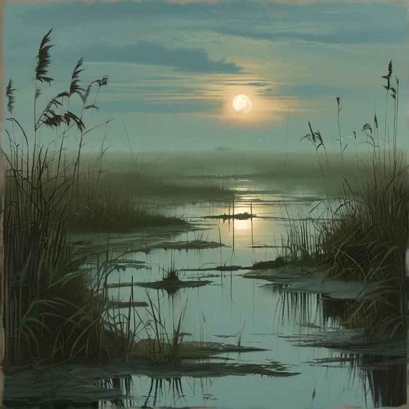 Tall grasses frame a calm misty marsh where a bright full moon casts a long golden shimmer on the still water.
