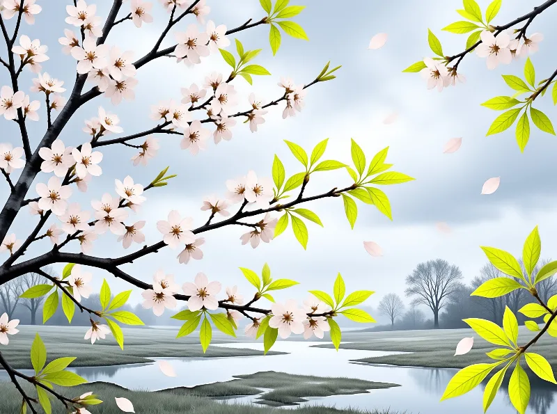 Delicate pale pink blossoms and bright green leaves frame a soft foggy meadow with a winding stream and bare trees.