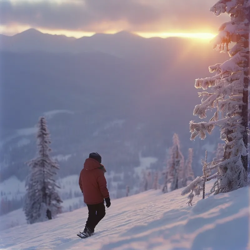 A person in a red jacket walks along a snowy ridge as warm sunset light breaks through clouds over distant hazy mountains.