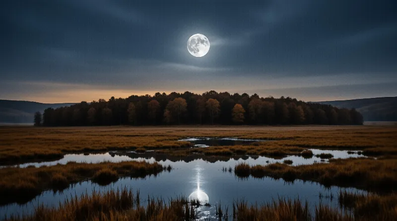 A bright full moon hangs above a line of autumn trees and reflects in shallow pools of a dark wetland.