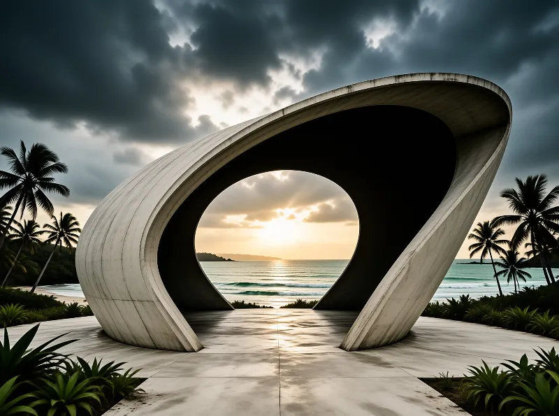 A large curved concrete arch on a tropical beach frames golden sunset over the ocean and palm trees beneath storm clouds.