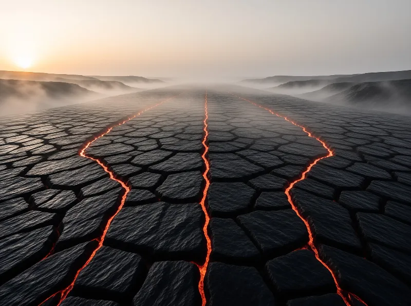 Glowing orange cracks run through dark cooled lava rock toward a hazy sunset over misty hills.